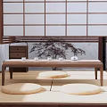 Traditional Japanese Tea Room Interior With Tatami Mats Wooden Table And Floor Cushions