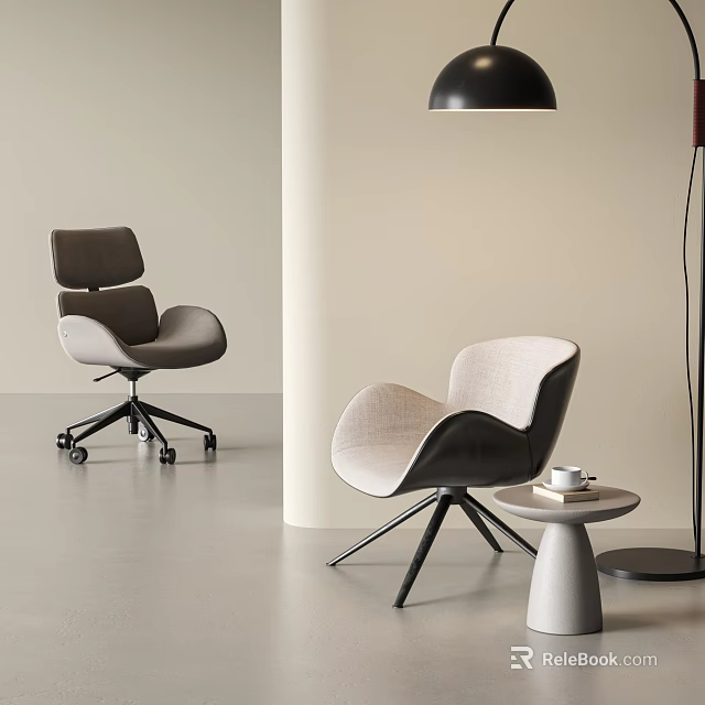 Modern Accent Chairs With Wheeled Base And Curved Back In Light Colored Interior 3d model 
