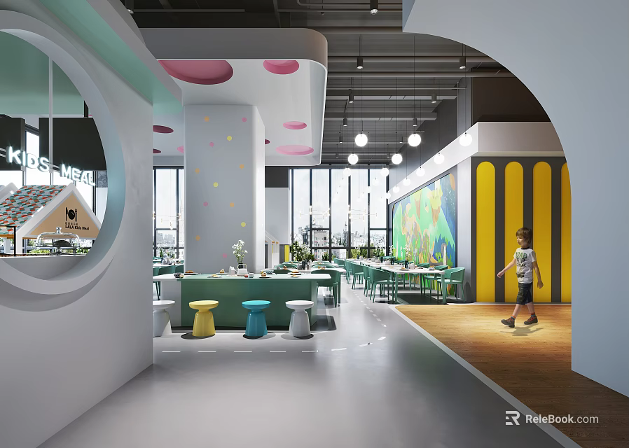 Vibrant Kids Friendly Restaurant Interior With Circular Window Colorful Stools And Pink Polka Dot Ceiling 3d model 