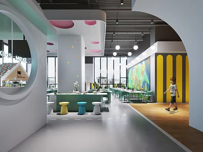 Vibrant Kids Friendly Restaurant Interior With Circular Window Colorful Stools And Pink Polka Dot Ceiling 3d model