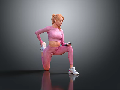 Fitness Stretching Scene With Pink Sportswear Mobile Phone Grey Background And Black Reflective Floor 3d model