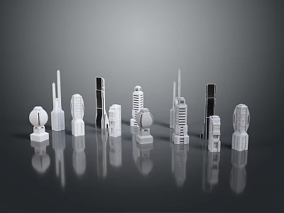 Transparent And White Architectural Models With Various Shapes On Black Reflective Surface And Grey Background 3d model