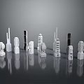 Transparent And White Architectural Models With Various Shapes On Black Reflective Surface And Grey Background 3d model