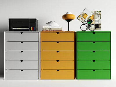 Gray Yellow Green Console Cabinet with Multiple Drawers and Printer Books Table Lamp Bicycle Model 3d model