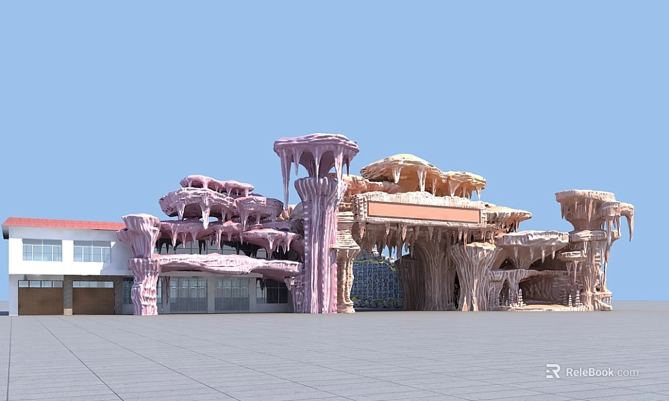 Artistic Entrance Gate With Mushroom Shaped Canopies And Pink Rock Inspired Columns 3d model 