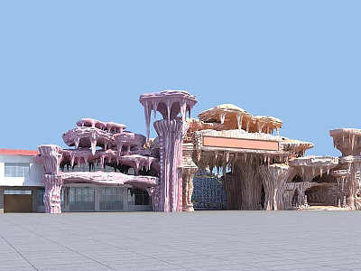 Artistic Entrance Gate With Mushroom Shaped Canopies And Pink Rock Inspired Columns 3d model