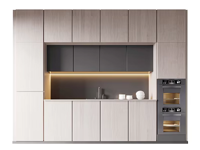 Modern Kitchen Interior With Light Wood Cabinets Built-in Oven And Countertop Lighting 3d model