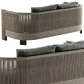 Grey Two Seater Sofa with Wooden Frame Orange Blanket and Blue Cushions