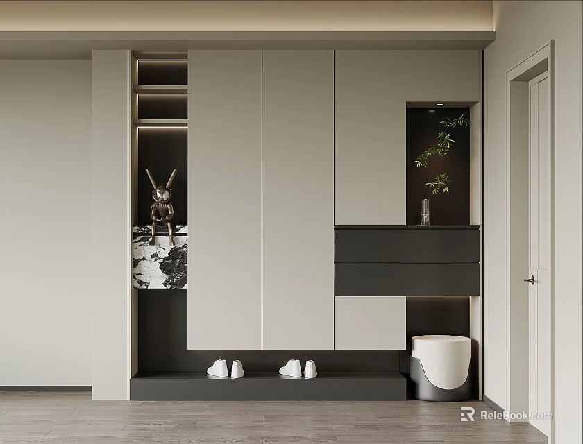 Modern Entryway Interior With White Storage Cabinets Decorative Ornaments Green Plants And Shoe Bench 3d model 