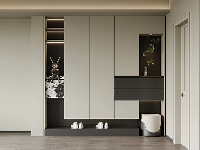 Modern Entryway Interior With White Storage Cabinets Decorative Ornaments Green Plants And Shoe Bench 3d model