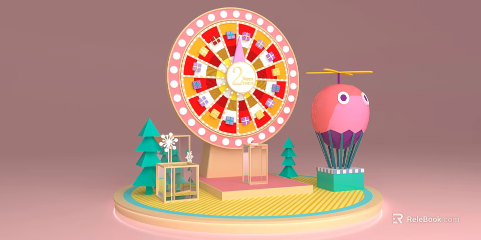 2nd Anniversary Decorative Scene with Colorful Wheel Hot Air Balloon Christmas Trees and Gift Boxes 3d model 
