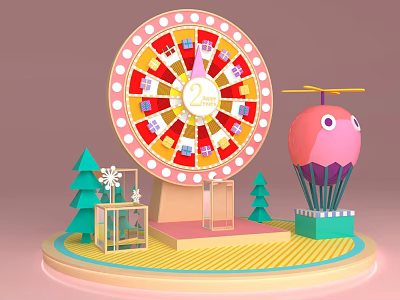 2nd Anniversary Decorative Scene with Colorful Wheel Hot Air Balloon Christmas Trees and Gift Boxes 3d model