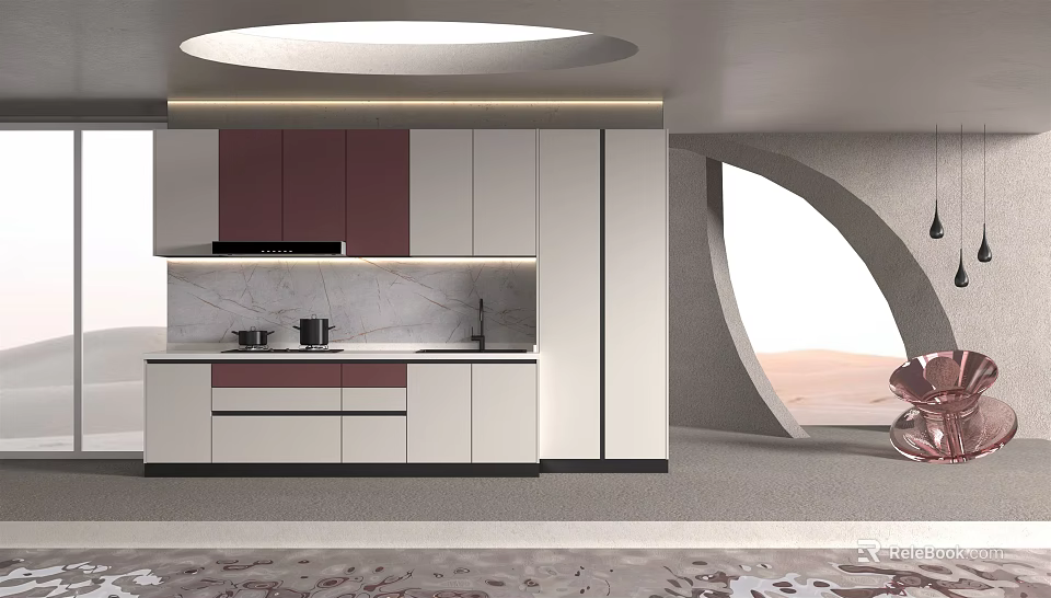 Modern Kitchen Cabinet Design With Red And White Doors Marble Countertop And Range Hood 3d model 