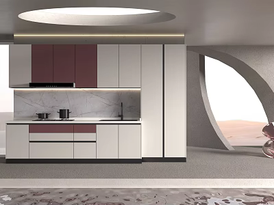 Modern Kitchen Cabinet Design With Red And White Doors Marble Countertop And Range Hood 3d model