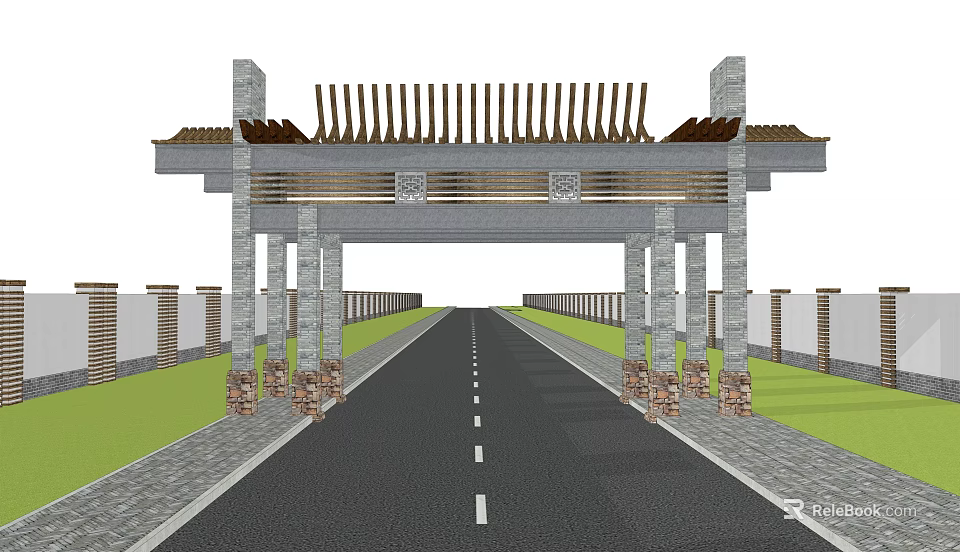 Traditional Chinese Memorial Archway With Stone Pillars And Carved Details At Road Entrance 3d model 