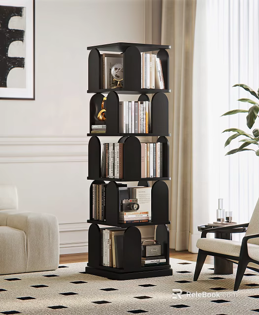 Modern Black Bookshelf Interior Design In Living Room With Books Decorative Items And Green Plant 3d model 