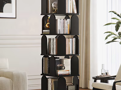 Modern Black Bookshelf Interior Design In Living Room With Books Decorative Items And Green Plant 3d model