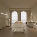 Minimalist Beauty Salon Interior With Massage Table Bathtub And Arched Windows