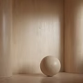 Minimalist Beige Wooden Background Wall Featuring Wooden Sphere in Corner Interior