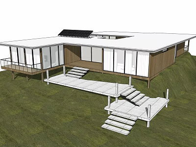 Modern Boutique Guesthouse Building With Flat Roof Solar Panels Large Glass Windows And Wooden Deck 3d model