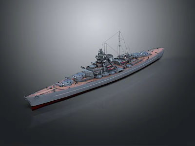 Detailed 3D Warship Model With Turrets Deck And Mast On Gray Background 3d model