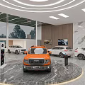 Modern Car Showroom Interior With Wooden Walls Marble Logo Wall Display Screens And Ceiling Lights