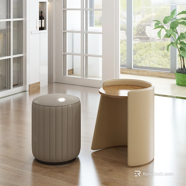 Modern Beige Side Table With Wooden Top Arched Design And Matching Stool In Interior 3d model 