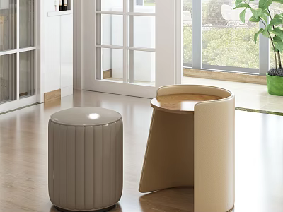 Modern Beige Side Table With Wooden Top Arched Design And Matching Stool In Interior 3d model