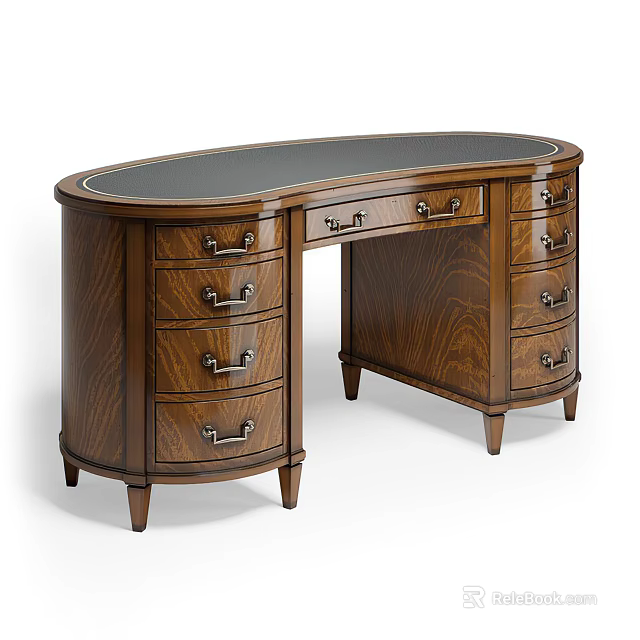 Elegant Wooden Desk With Oval Top Multiple Drawers And Metal Handles 3d model 