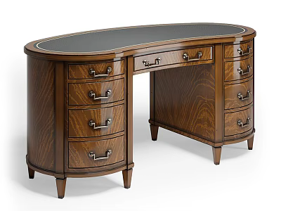 Elegant Wooden Desk With Oval Top Multiple Drawers And Metal Handles 3d model