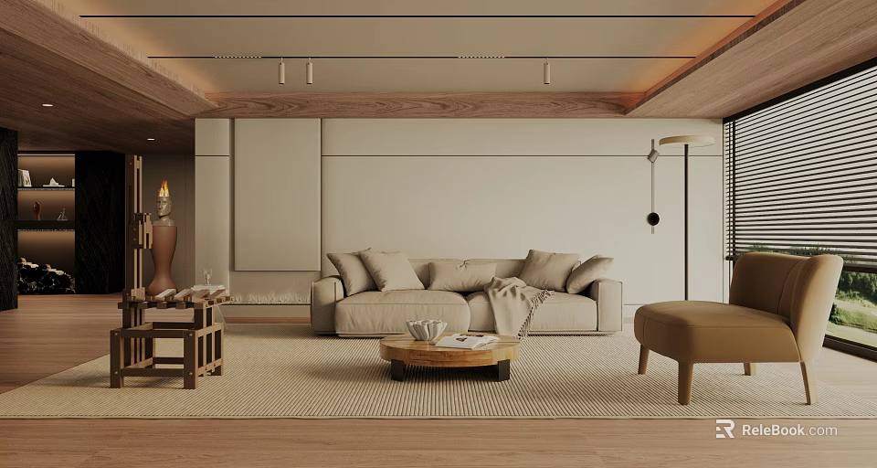 Minimalist Living Room With Beige Sofa Wooden Ceiling Floor Coffee Table And Floor Lamp 3d model 