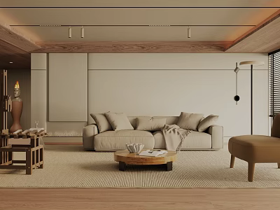 Minimalist Living Room With Beige Sofa Wooden Ceiling Floor Coffee Table And Floor Lamp 3d model