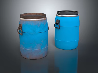 Blue Rusty And Cleaner Barrels As Household Items With Metal Handles And Black Lids 3d model