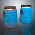 Blue Rusty And Cleaner Barrels As Household Items With Metal Handles And Black Lids
