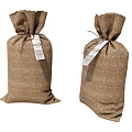 Two Burlap Storage Bags For Household Items With Labeled Information Tags