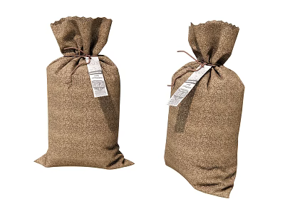 Two Burlap Storage Bags For Household Items With Labeled Information Tags 3d model