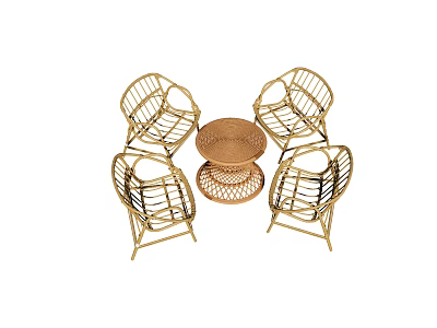 Modern Rattan Table And Chair Set With Four Wicker Chairs And Round Top 3d model