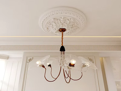 Stylish Chandelier with Circular Ceiling Medallion Transparent Glass Shades and Brass Frame on White Ceiling 3d model