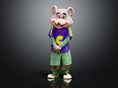 Cartoon Mouse Mascot With Purple C Letter Shirt Green Patchwork Pants White Shoes Hands Crossed 3d model