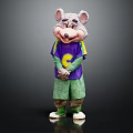 Cartoon Mouse Mascot With Purple C Letter Shirt Green Patchwork Pants White Shoes Hands Crossed