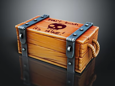 Wooden Pirate Treasure Chest With Skull Logo Metal Clasps Rope Handle And PIRATE'S TREASURE Text 3d model