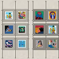 Colorful Cartoon Artworks Arranged In Transparent Grid Wall Display Frame