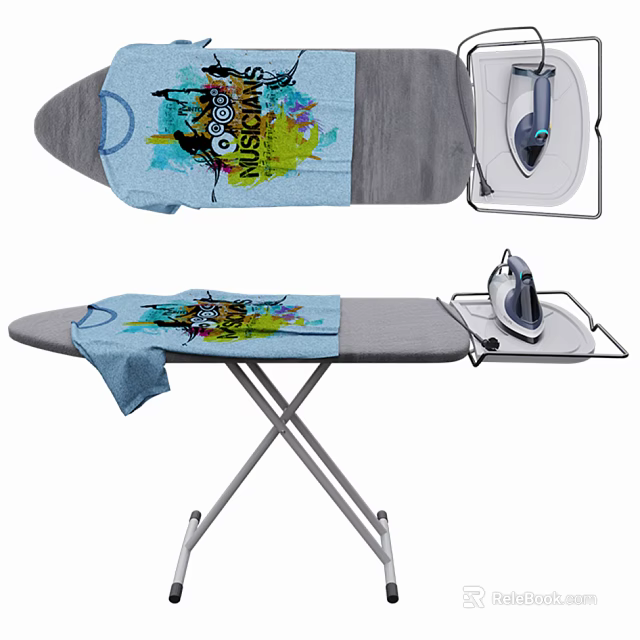 Practical Foldable Ironing Table With Colorful Cloth And Electric Iron 3d model 