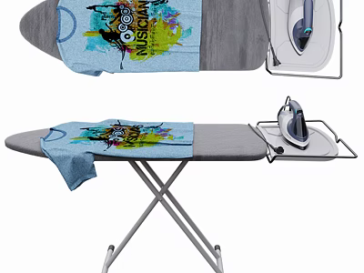 Practical Foldable Ironing Table With Colorful Cloth And Electric Iron 3d model