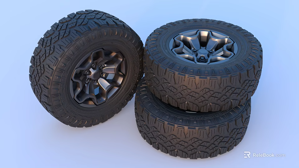 Three Off Road Tires With Black Metallic Rims And Aggressive Tread Design 3d model 