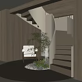 Modern Spiral Staircase With Wooden Walls White Chair Green Plants And Stone Decorations