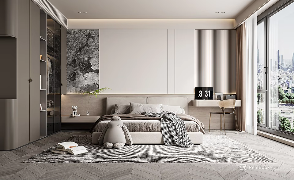 Modern Bedroom Interior With Cozy Bed Gray Blanket Stuffed Toy And Wooden Floor 3d model 