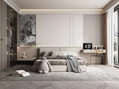 Modern Bedroom Interior With Cozy Bed Gray Blanket Stuffed Toy And Wooden Floor 3d model