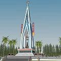 Tall Spire Tower With Red Star Top And Colorful Decorations Surrounded By Palm Trees