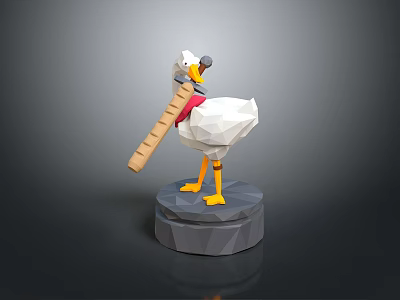 Decorative Low Poly Duck Model With Red Scarf And Long Stick On Gray Base 3d model